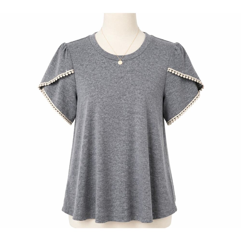 Reborn J Heather Petal Sleeve Tee with White Pom Pom Trim Size Medium Soft NWOT